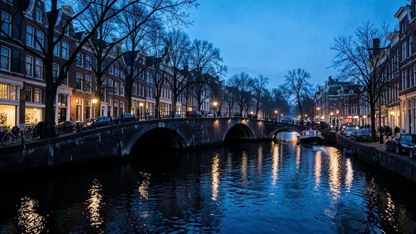 A quiet Amsterdam canal at dusk with lit windows reflecting on the water