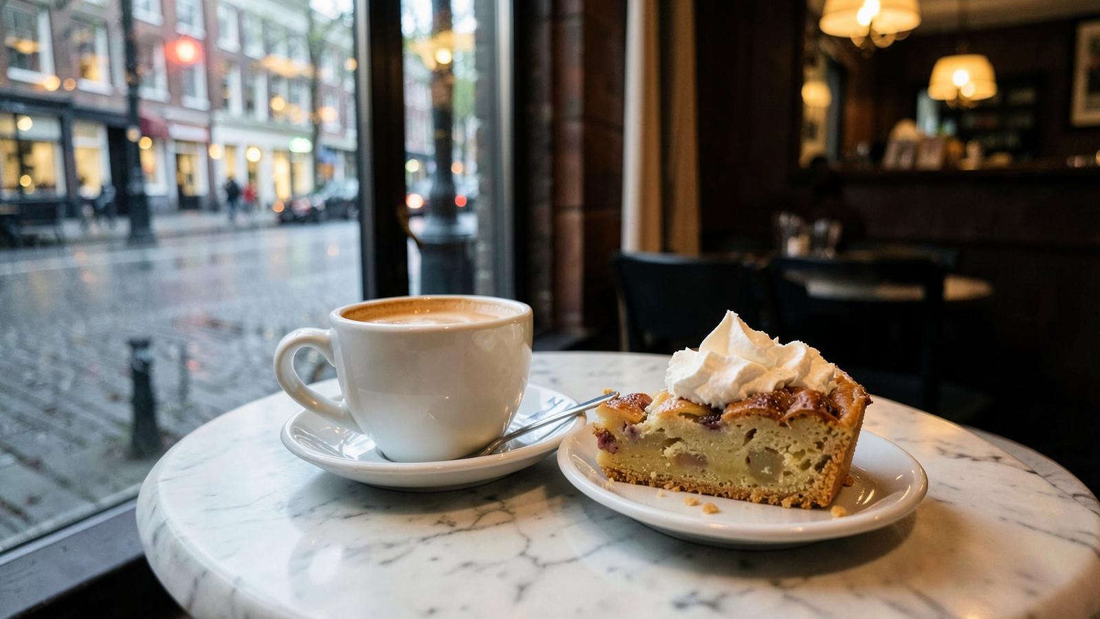 A cup of koffie verkeerd and a slice of appeltaart on a café table in Amsterdam