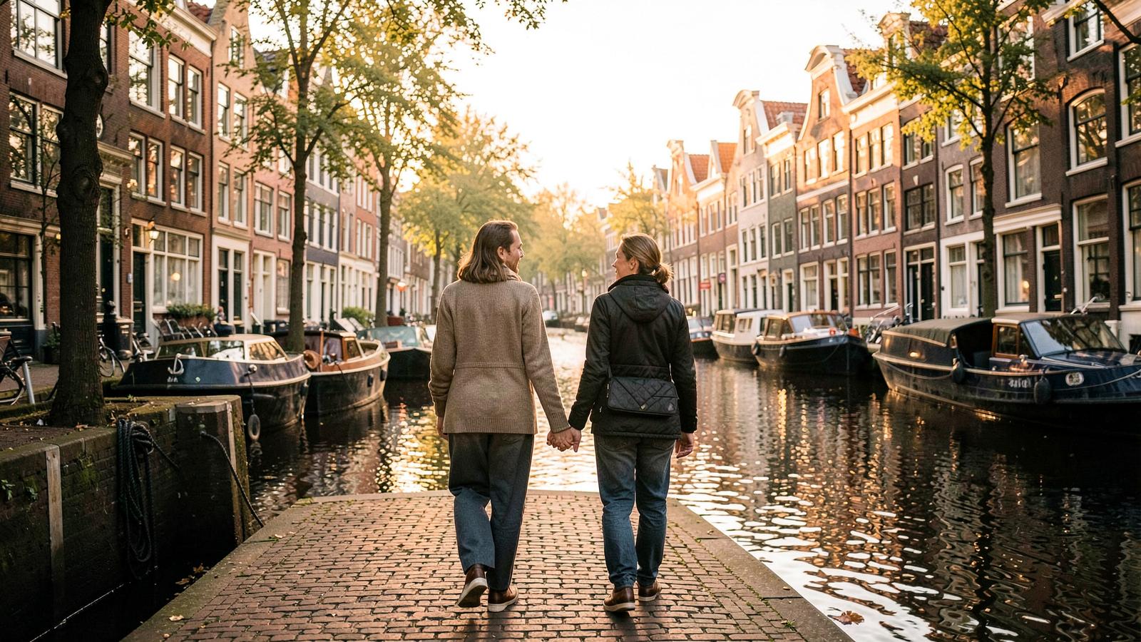 A couple walking hand in hand along a quiet Amsterdam canal at dusk