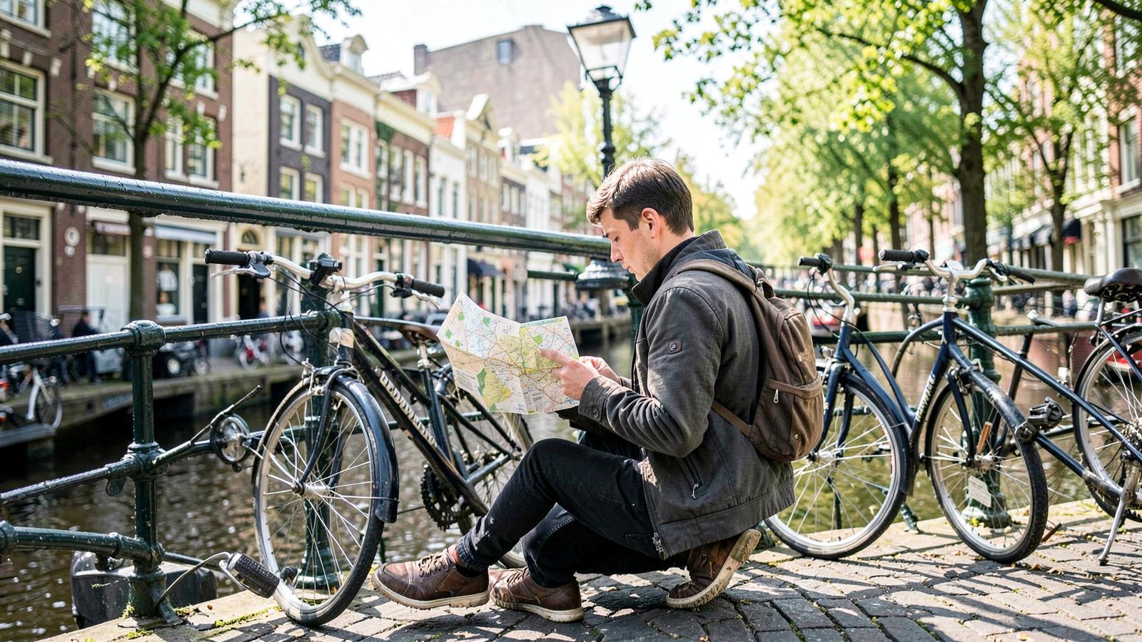 A solo traveller sitting at an outdoor café table along an Amsterdam canal