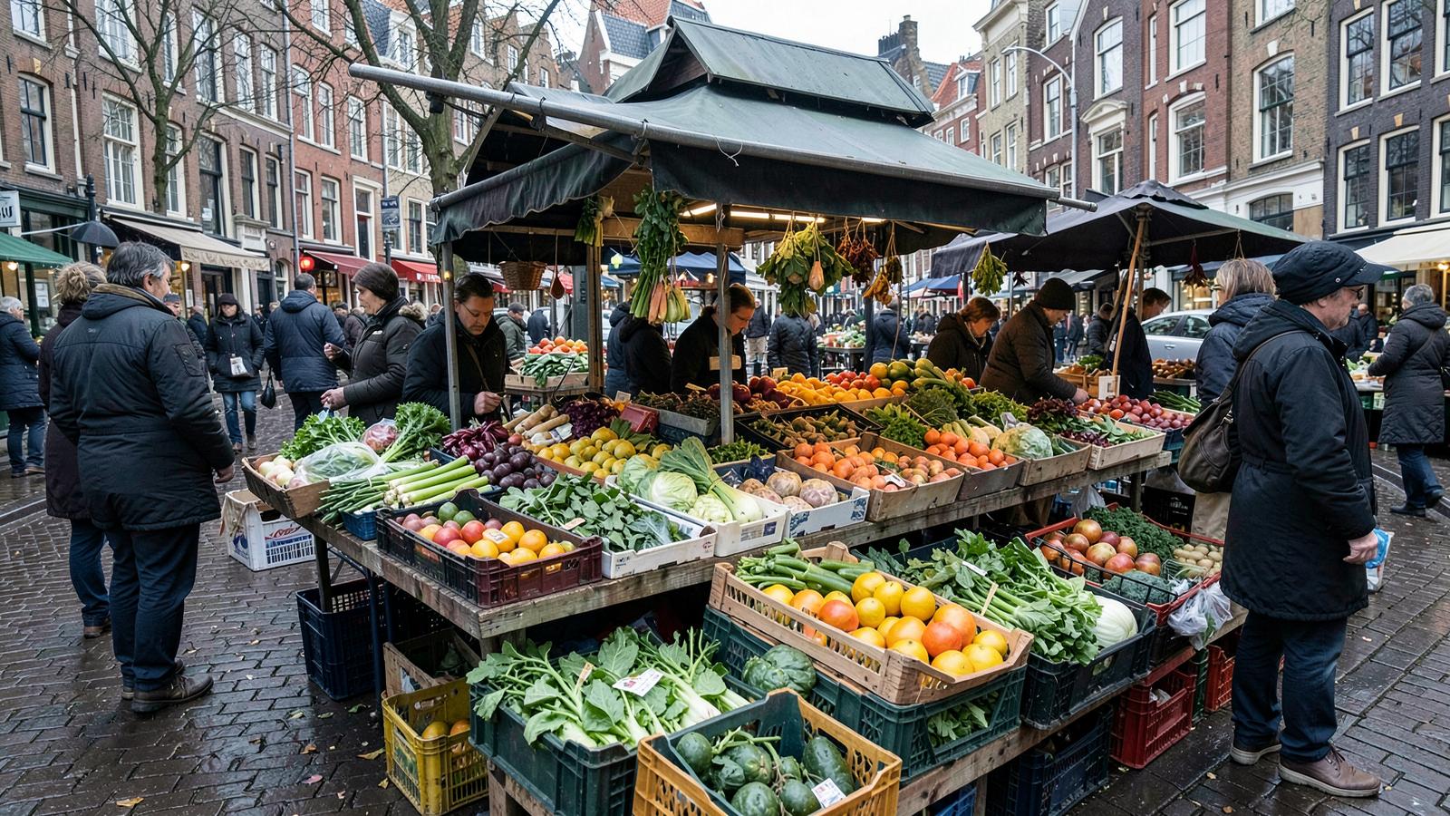A person browsing fresh produce at an outdoor market stall in Amsterdam