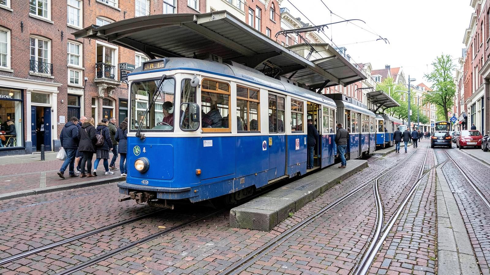 A GVB tram stopped at a stop near a busy Amsterdam street with cyclists passing by