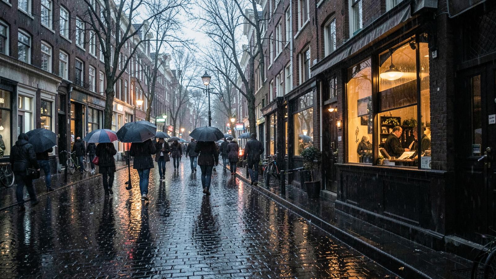 People sheltering under umbrellas beside an Amsterdam canal in the rain