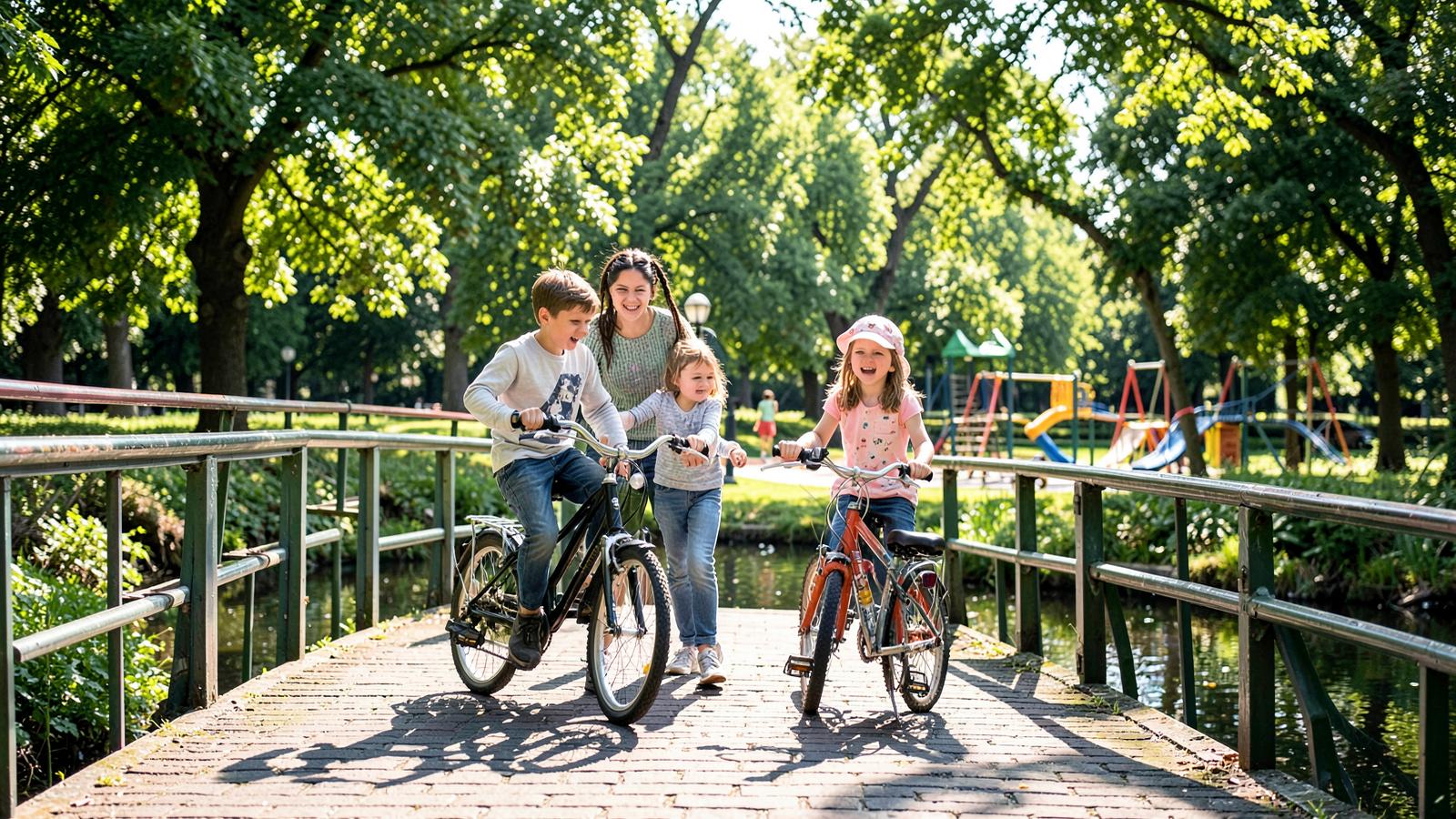 A family riding bicycles together along an Amsterdam canal path