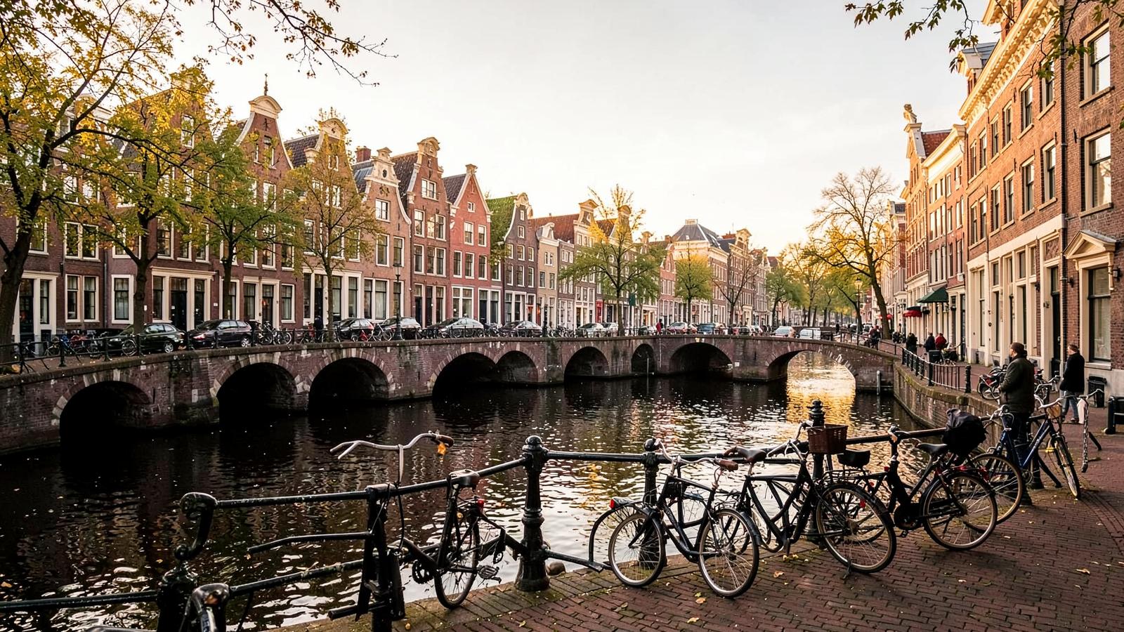 Cyclists crossing a canal bridge in central Amsterdam at golden hour