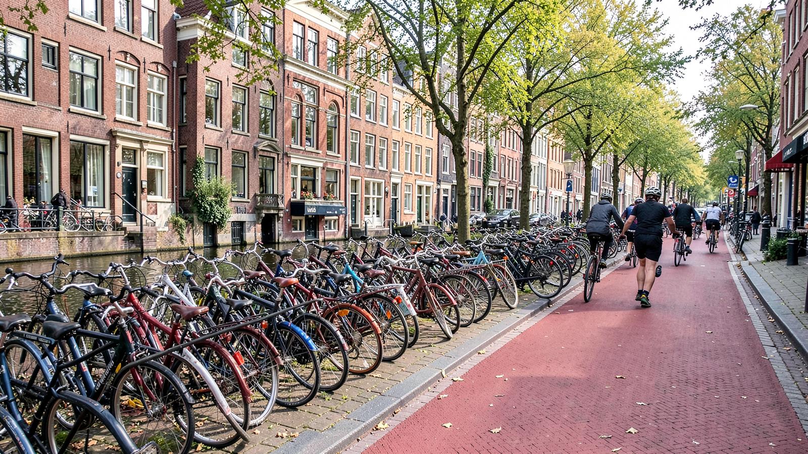 Cyclists riding along a canal-side bike lane in Amsterdam with bicycles parked nearby