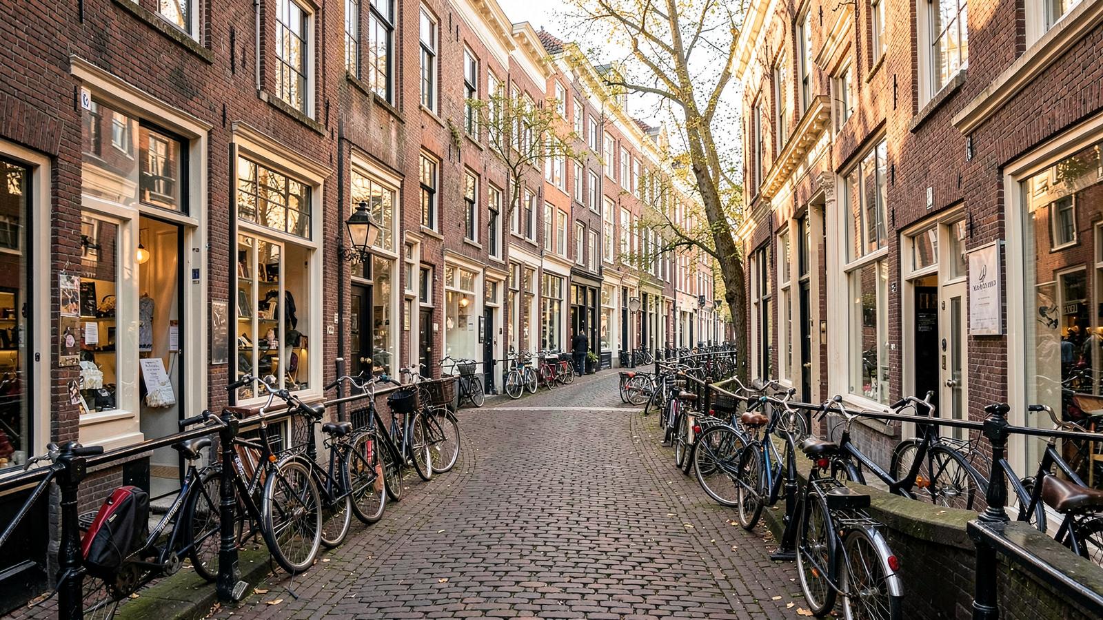 Cyclists and shoppers on a narrow canal-side street in De 9 Straatjes, Amsterdam