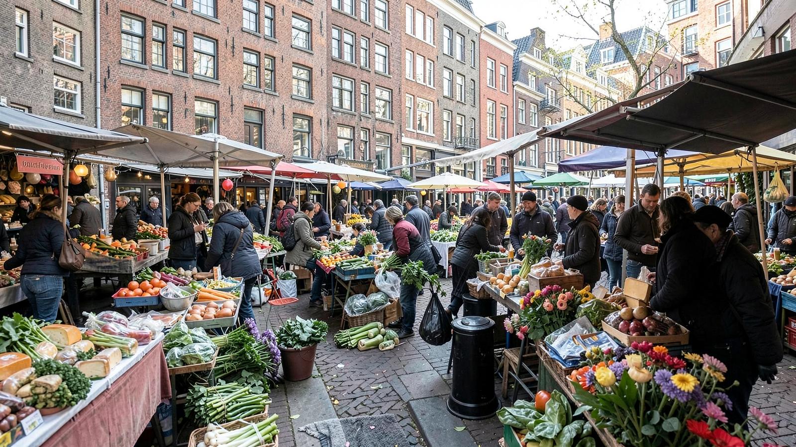 Stalls and shoppers at Albert Cuypmarkt in De Pijp, Amsterdam