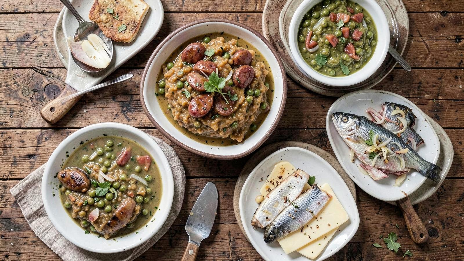 A plate of stamppot with sausage and a bowl of pea soup on a wooden table