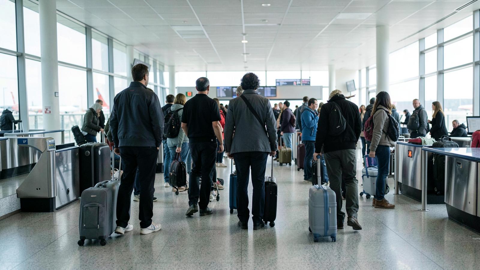 Departure information screens above passengers queuing at Schiphol Airport