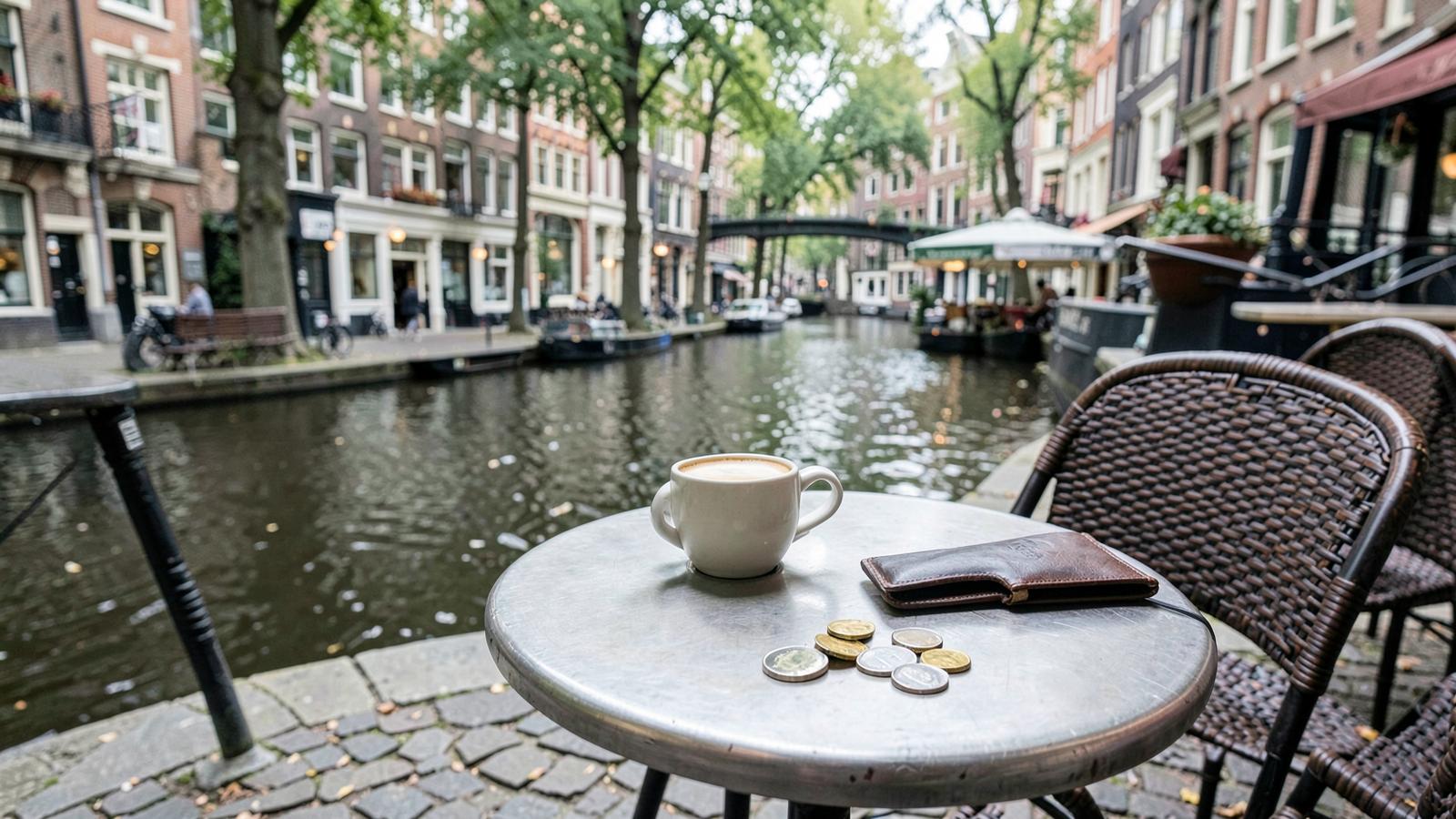 A café terrace on an Amsterdam canal with people seated outside
