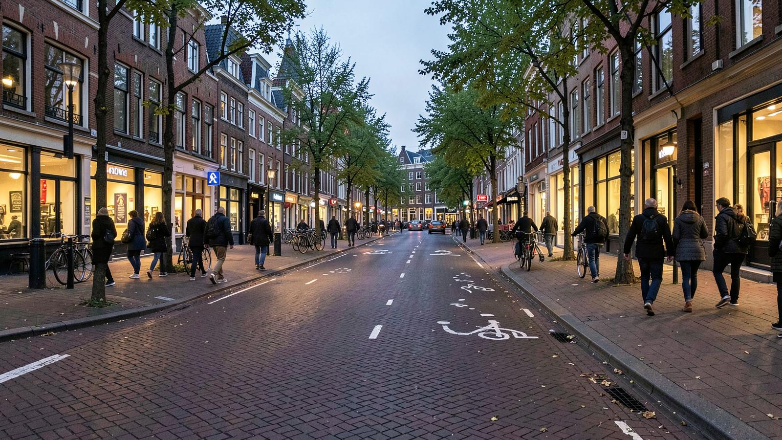 A quiet Amsterdam street at dusk with bicycles parked along the canal railing