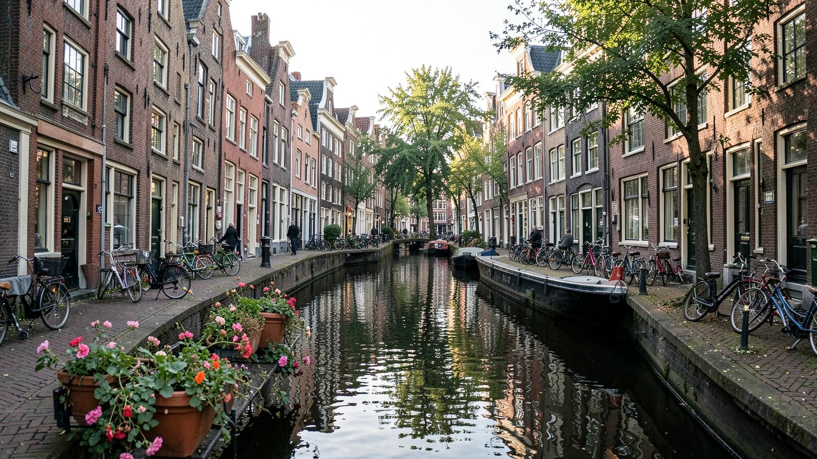 Narrow canal in the Jordaan neighbourhood lined with gabled houses and bicycles
