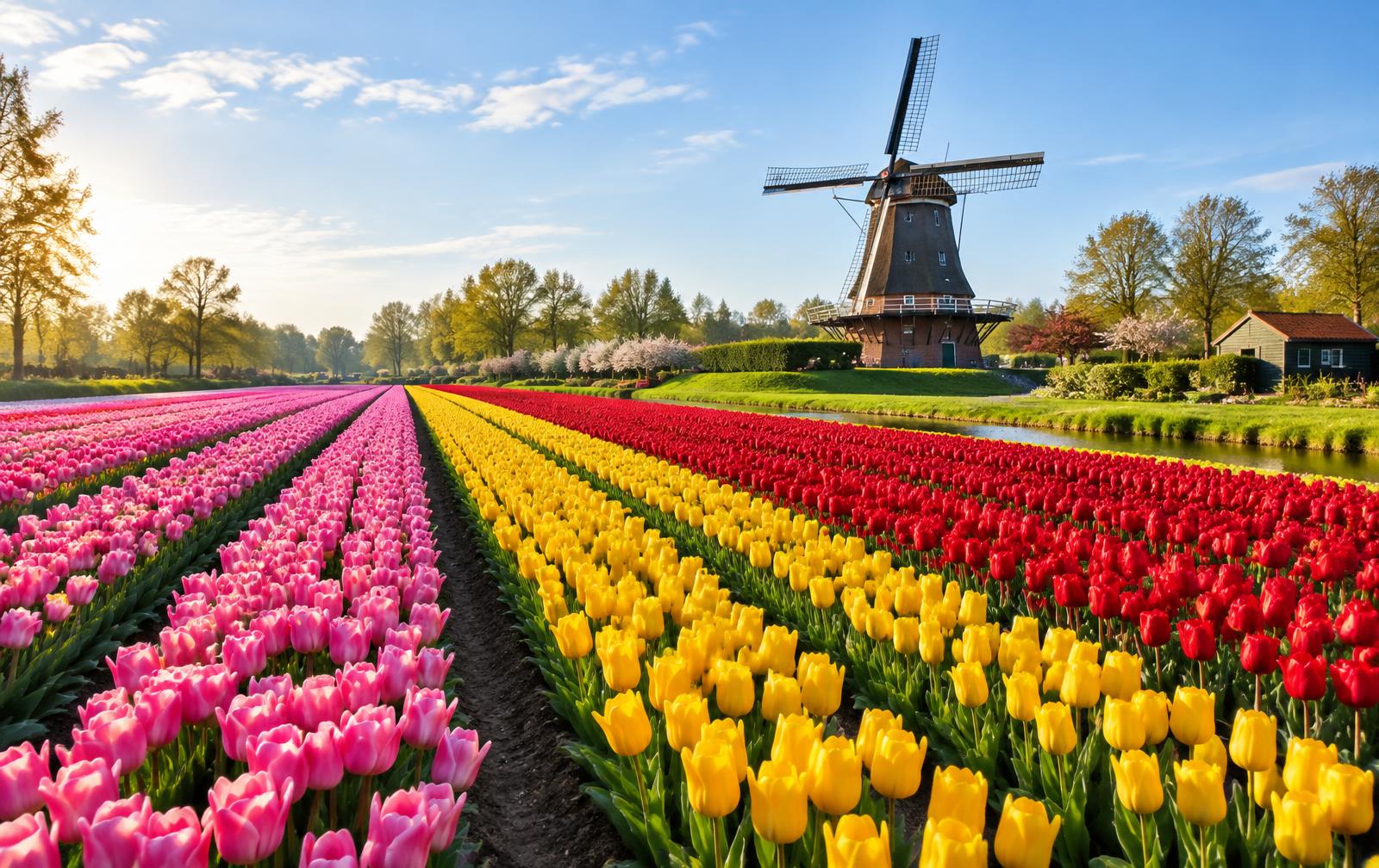 Rows of vibrant tulips and flowers in the Keukenhof gardens, Netherlands