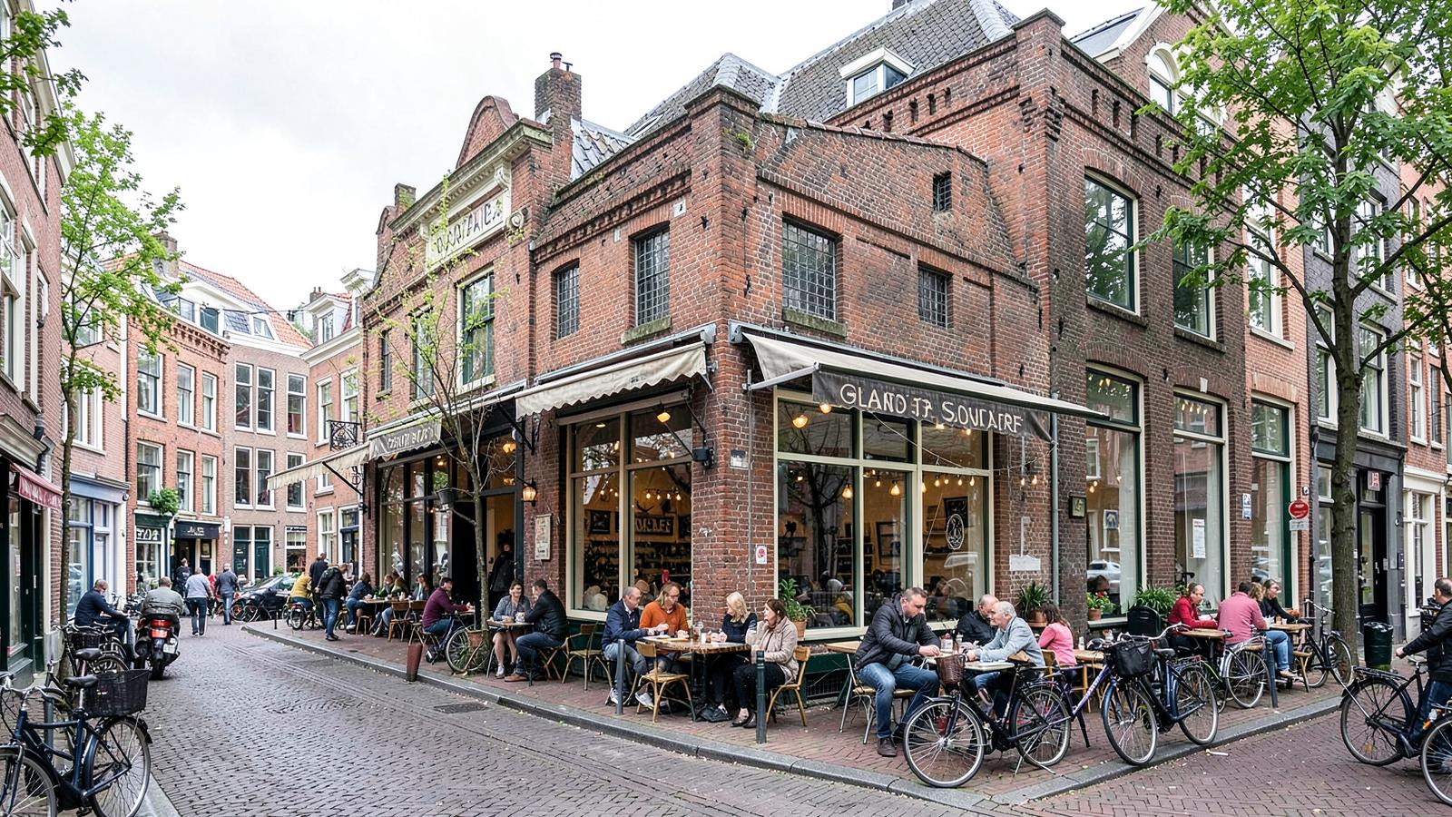 Stalls and diners inside Foodhallen food market in Oud-West, Amsterdam
