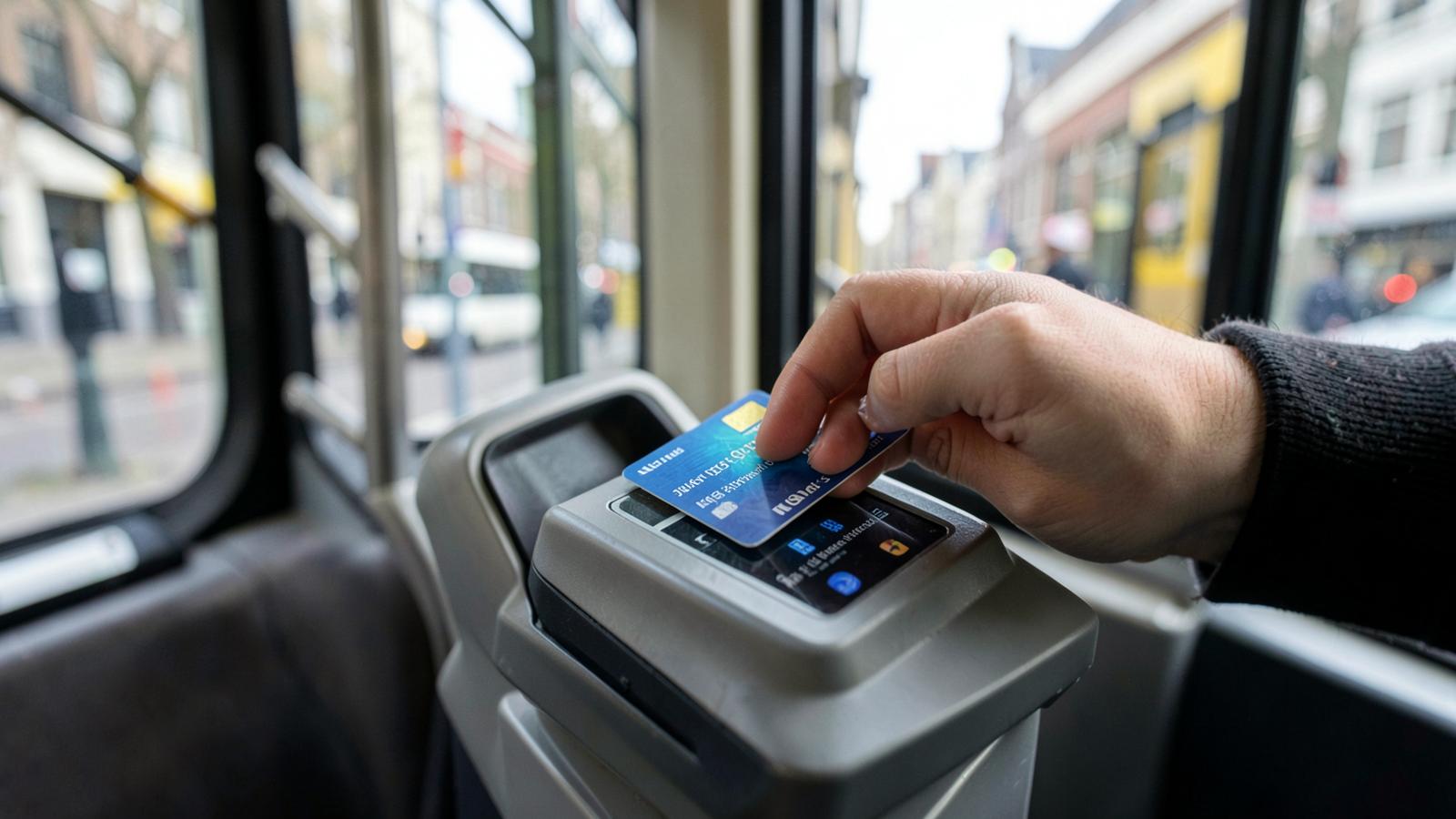 Close-up of a contactless bank card being tapped against a yellow OVpay reader on public transport