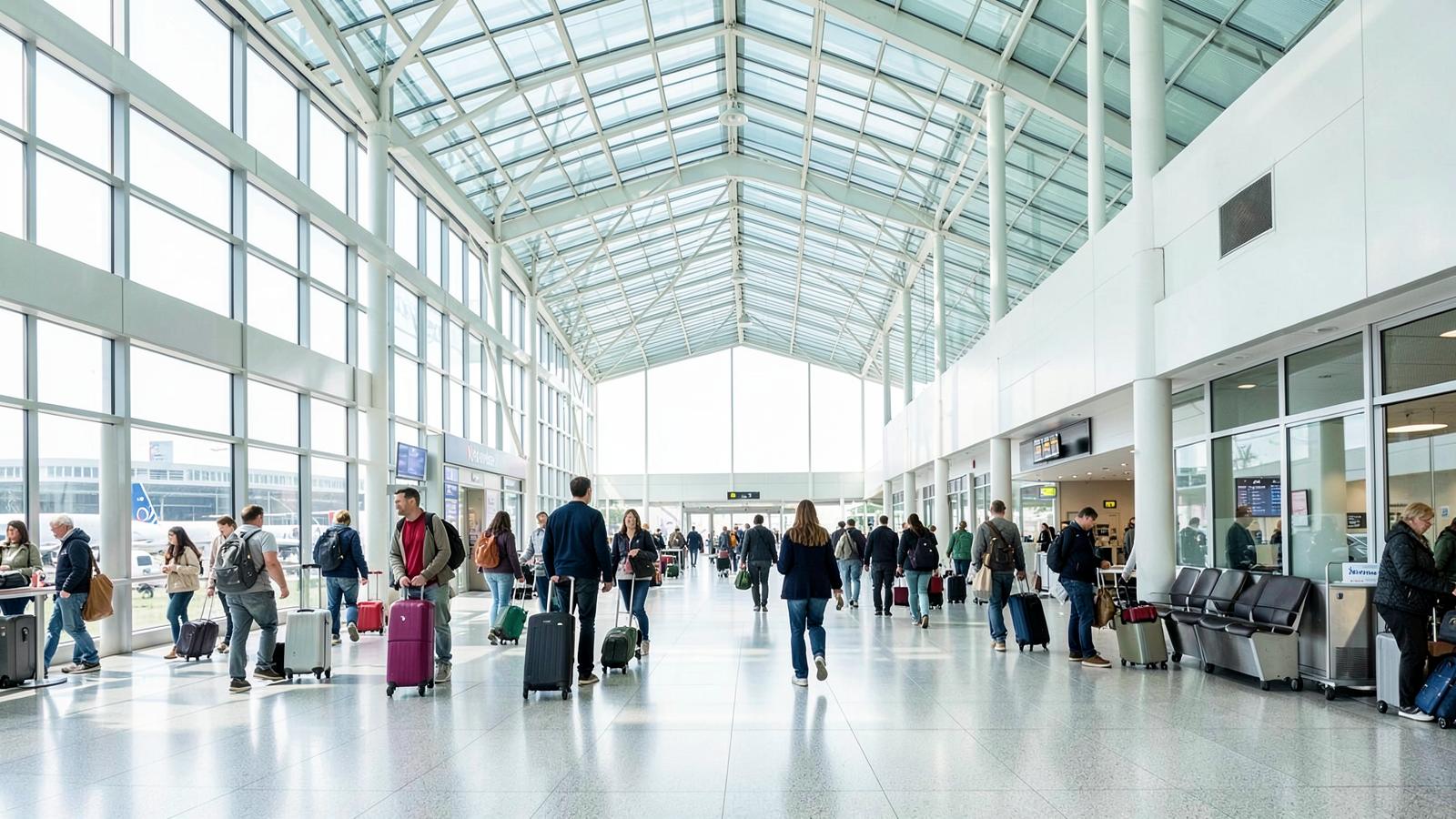 The interior of Schiphol Airport's departure hall with signage and passengers walking through