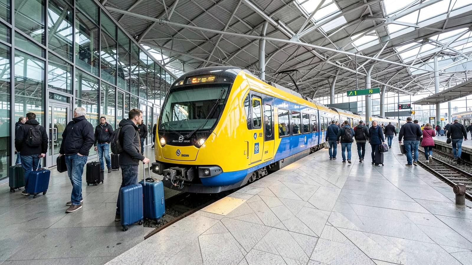 A yellow and blue NS train departing from a platform at Schiphol Airport