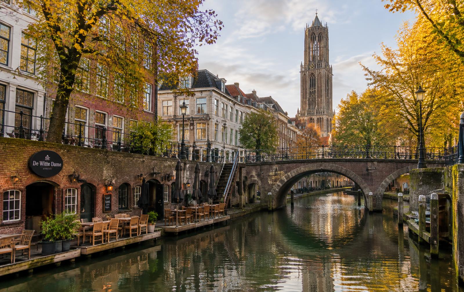 The canals and Dom Tower in Utrecht, Netherlands