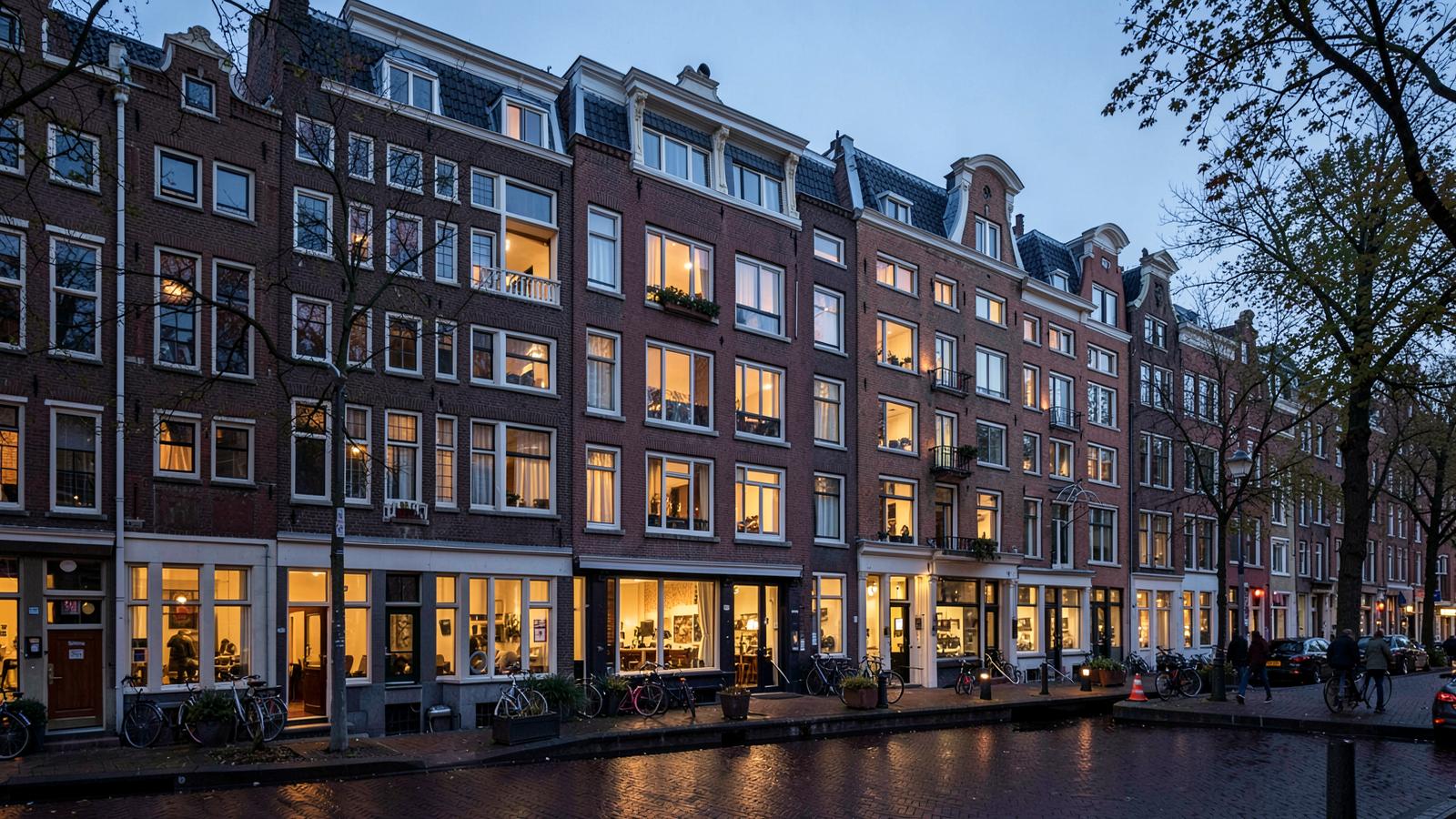 Canal houses along an Amsterdam canal at dusk with lights reflected in the water